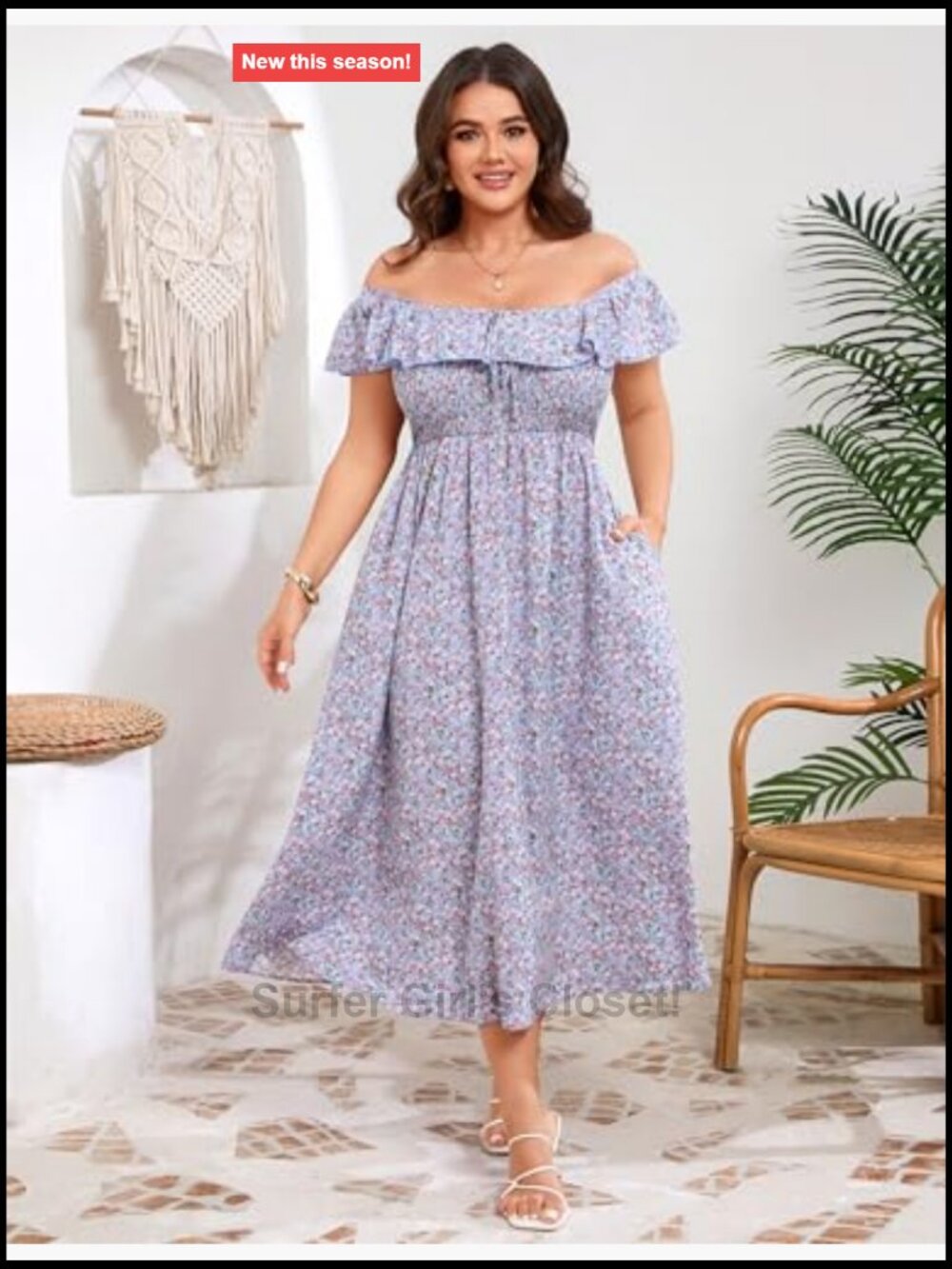 Plus Size Floral Midi Dress Square Neck Smocked Ruffle Sleeve Summer Casual - Picture 3 of 6